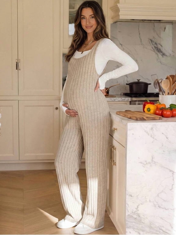 Maternity Sleeveless Jumpsuit, Ribbed Wide Leg Overalls
