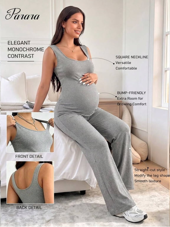 Maternity Sleeveless Jumpsuit, Square Neck Wide Leg One Piece Romper