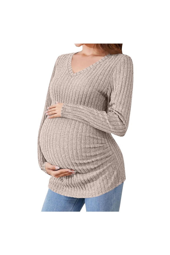 Pregnancy Solid Long Sleeve Ribbed Top with Side Drawstring, Round Neck Blouse for Pregnancy, for All Trimesters