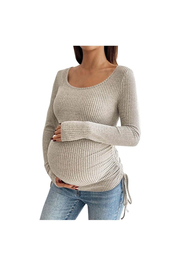 Pregnancy Solid Long Sleeve Ribbed Top with Side Drawstring, Round Neck Blouse for Pregnancy, for All Trimesters