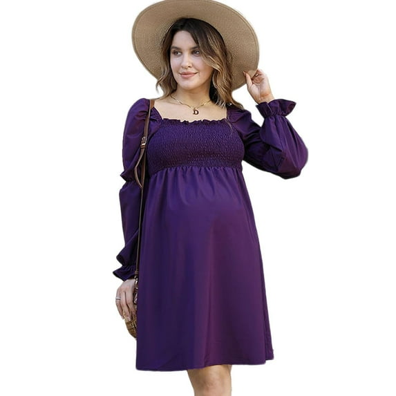 Maternity Square Collar Lotus Root Long Sleeve Maternity Solid Midi Dress