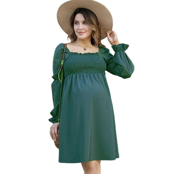 Maternity Square Collar Lotus Root Long Sleeve Maternity Solid Midi Dress