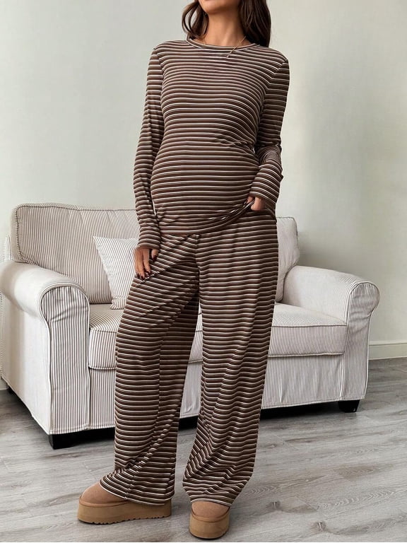 Maternity Striped 2 Piece Loungewear Set, Crew Neck Long Sleeve Top and Wide Leg Pants