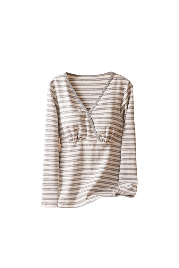 Pregnancy Striped Long Sleeve V Neck Top, Detachable Chest Cushion Casual Blouse for Pregnancy, for All Trimesters
