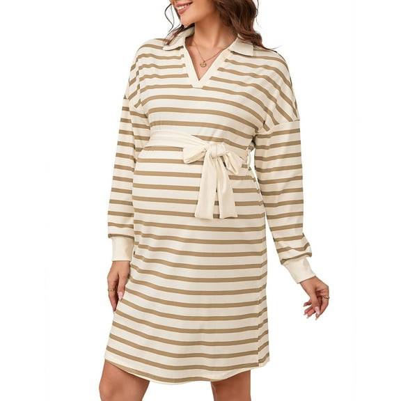 Maternity Sweater Dress Long Sleeve Collar V Neck Striped Midi Dress with Belt