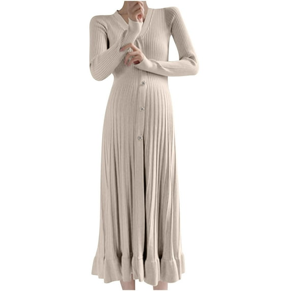 Maternity Sweater Dress Women Spring Maxi Dress Waist Pregnancy Photoshoot Baby Shower Beige Free Size