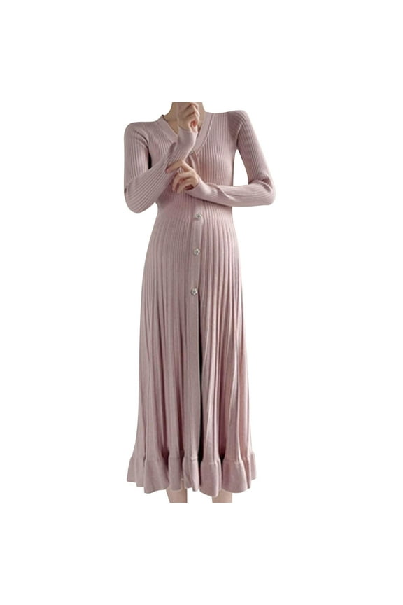 Maternity Sweater Dress Women Spring Maxi Dress Waist Pregnancy Photoshoot Baby Shower Pink Free Size
