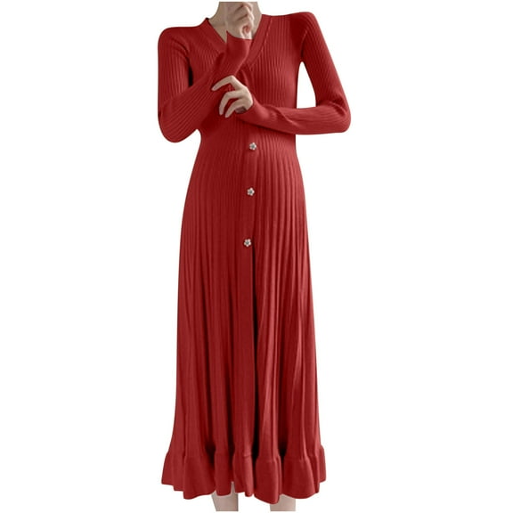 Maternity Sweater Dress Women Spring Maxi Dress Waist Pregnancy Photoshoot Baby Shower Red Free Size