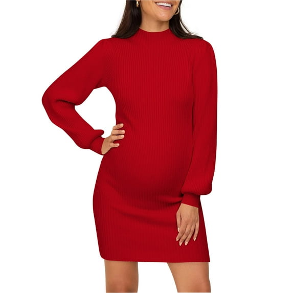 Maternity Sweater Dress for Pregnant Women Turtleneck Puff Sleeve Knit Slim Fit Bodycon Mini Dress