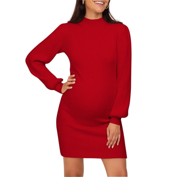 Maternity Sweater Dress for Pregnant Women Turtleneck Puff Sleeve Knit Slim Fit Bodycon Mini Dress
