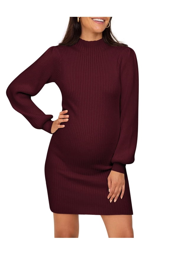 Maternity Sweater Dress for Pregnant Women Turtleneck Puff Sleeve Knit Slim Fit Bodycon Mini Dress