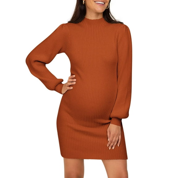 Maternity Sweater Dress for Pregnant Women Turtleneck Puff Sleeve Knit Slim Fit Bodycon Mini Dress