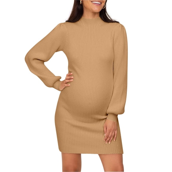 Maternity Sweater Dress for Pregnant Women Turtleneck Puff Sleeve Knit Slim Fit Bodycon Mini Dress
