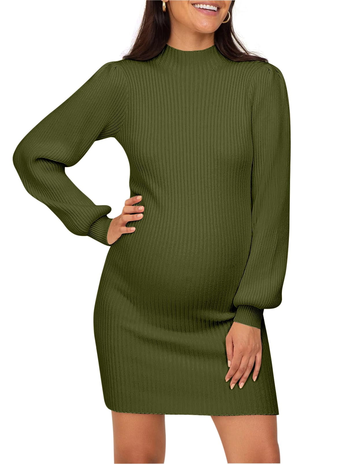 Maternity Sweater Dress for Pregnant Women Turtleneck Puff Sleeve Knit Slim Fit Bodycon Mini Dress Maternity Sweater Dress for Pregnant Women Turtleneck Puff Sleeve Knit Slim Fit Bodycon Mini Dress