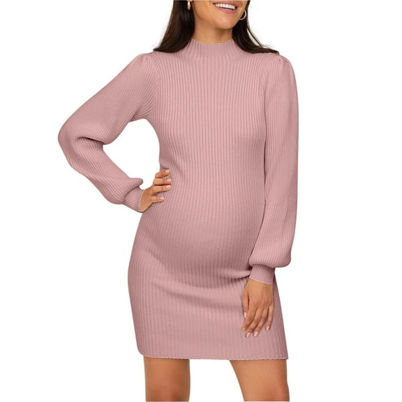 Maternity Sweater Dress for Pregnant Women Turtleneck Puff Sleeve Knit Slim Fit Bodycon Mini Dress