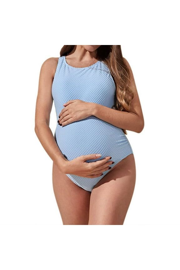 Maternity Swimsuit One Piece Beach Monokini Solid Color Light Blue Double Shoulder Loose Backless Durable Bikini Bathing Suits For Pregnant Women