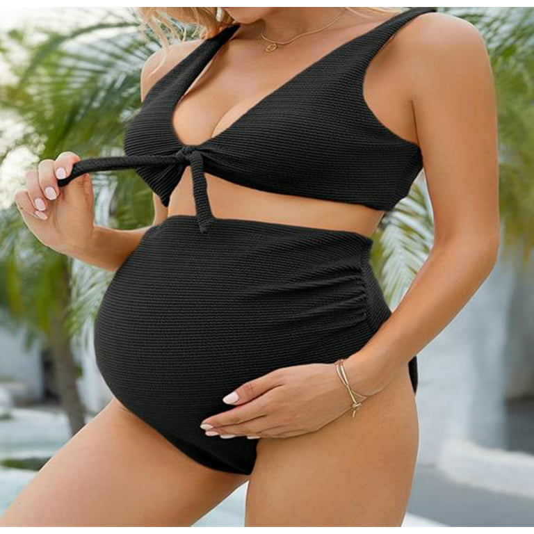 Maternity Swimsuit Women's Maternity Soild Swimsuit Tropical Halter  Boyshorts Bowknot Swimsuit Swimwear Set Womens Swimsuits Black XL 