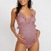 RUIDIGRACE Maternity Swimsuit Women's Maternity Summer Beach Bikini Striped Print One Piece Swimwear Swimsuit Maternity Clothes