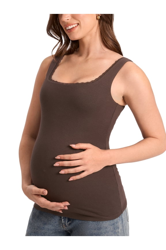 Maternity Tank Tops with Lacetrim Summer Sleeveless Pregnancy Shirts Cotton Ribbed