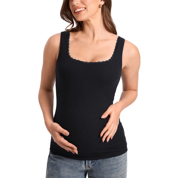 Maternity Tank Tops with Lacetrim Summer Sleeveless Pregnancy Shirts Cotton Ribbed