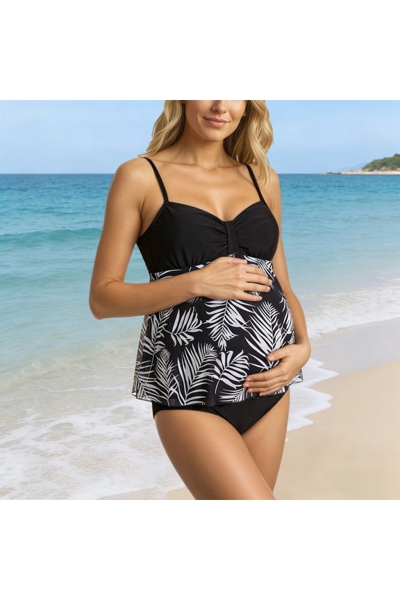 Maternity Tankini Swimsuit with Boy Shorts - Leaf Print Two Piece Pregnancy Bathing Suit with Tummy Coverage