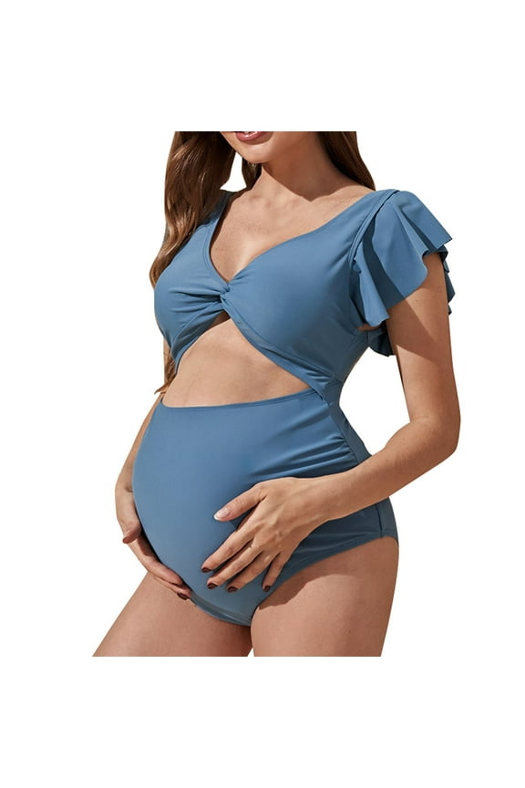 Maternity Tie Front Bathing Suit V Neck Pregnancy Swimwear High Cut Light Blue Maternity Summer Swimsuit Seaside Swimsuit For Women