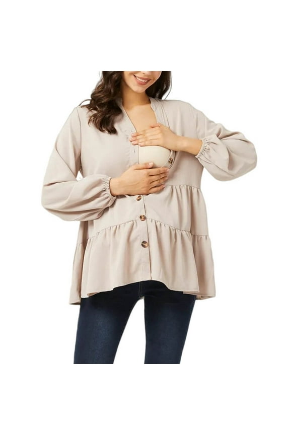 Maternity Tops Fall Women Nursing Shirts for Breastfeeding Long Sleeve V-Neck Button Blouses Shirts Plus Size Clothes for Pregnant Women