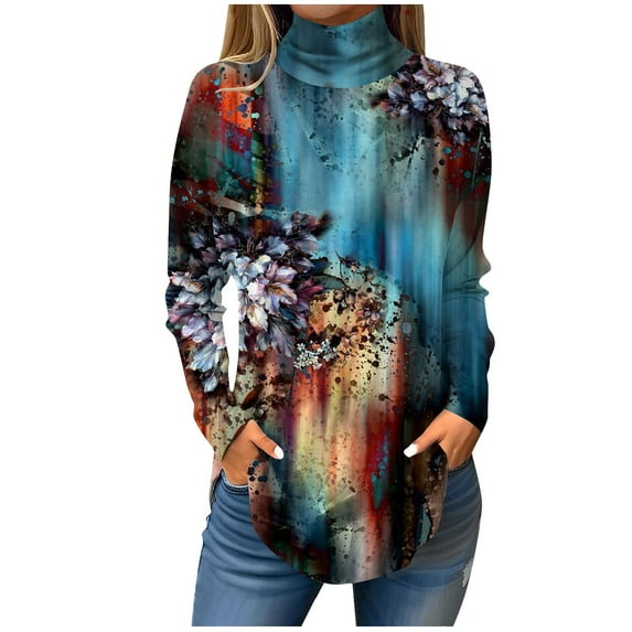 Maternity Tops for Women Long Sleeve Turtleneck Shirts Fall Mock Neck Tunic Tops To Wear with Leggings Ethnic Floral Print Winter Blouses Plus Size Sweatshirts Trendy Loose Clothes Navy S