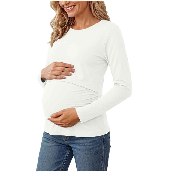 Maternity Tops for Women Long Sleeve Soft Cozy Crewneck Breastfeeding T-shirts Spring Fall Winter Basic Tees (M, White)