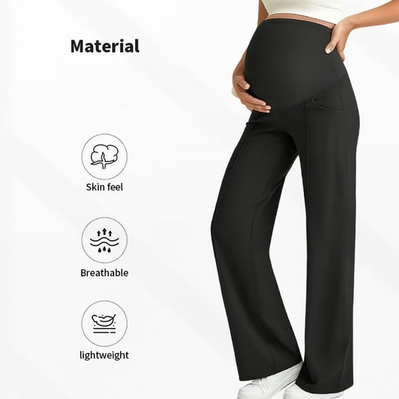 Maternity Trousers Over Bump Stretchy Pregnancy Yoga Pants Lounge Wide Leg Dress Work Trousers with Pockets Petite/Regular/Tall Black XL