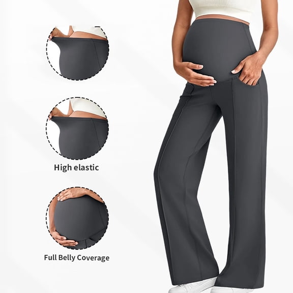 Maternity Trousers Over Bump Stretchy Pregnancy Yoga Pants Lounge Wide Leg Dress Work Trousers with Pockets Petite/Regular/Tall Dark Gray S