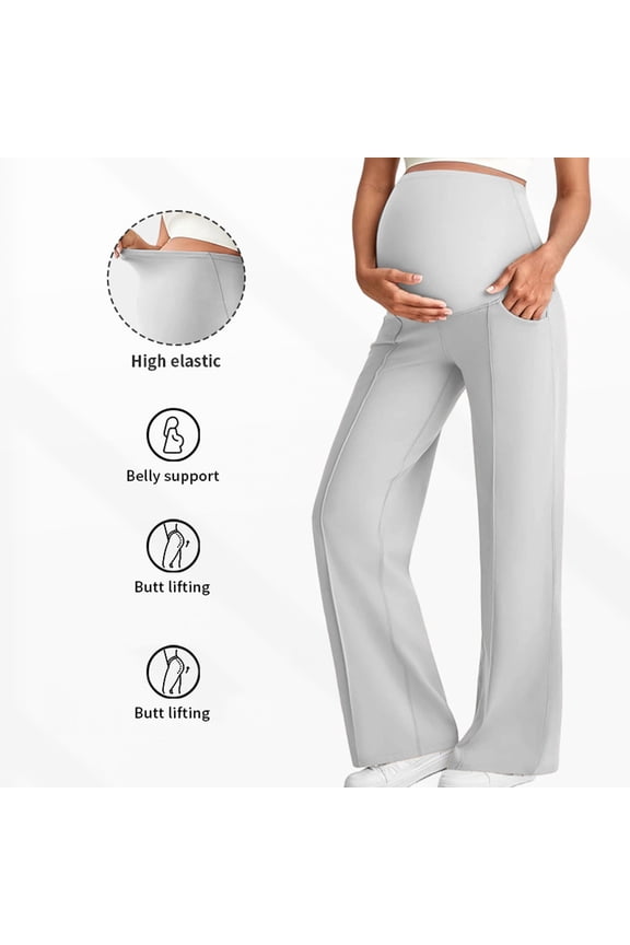 Maternity Trousers Over Bump Stretchy Pregnancy Yoga Pants Lounge Wide Leg Dress Work Trousers with Pockets Petite/Regular/Tall Gray S