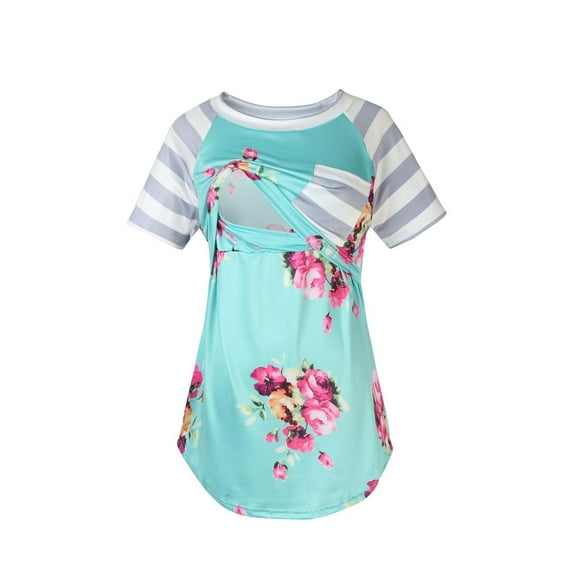 Maternity Tshirts Short Sleeve Vintage Floral Print Tunic Pregnancy Shirts Double Laye Casual Nursing Tops for Breastfeeding
