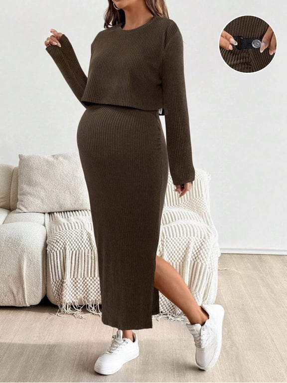 Maternity Two Piece Set, Long Sleeve Top and Side Split Maxi Skirt, Adjustable Waist Pregnancy Clothes for Daily Wear