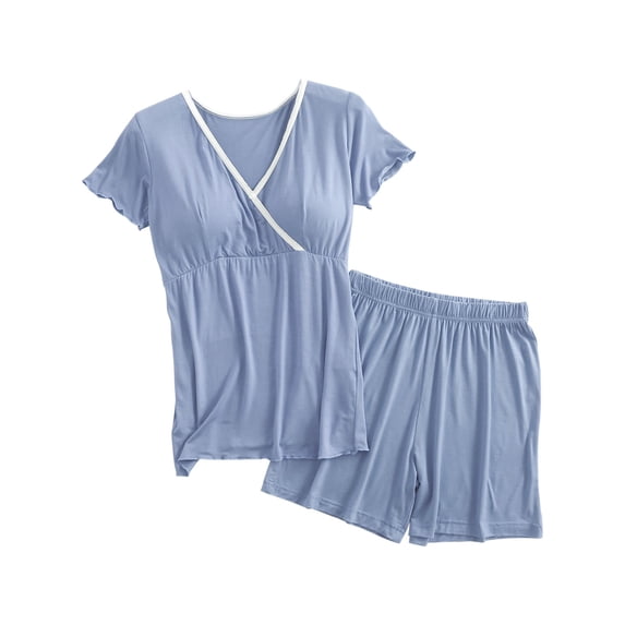 Maternity Two Piece Sets for Women V Neck Short Sleeve Tops and Elastic Waist Shorts Pajamas Cute Comfy Soft Lounge Striped Pregnancy Outfit Set