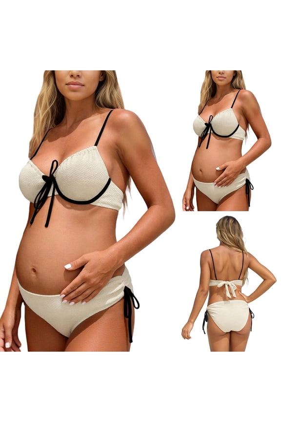 Maternity Two Piece Swimsuit For Fashionable Tie Side Bikini With Drawstring Comfortable Pool And Hot Swimwear/Beige/L