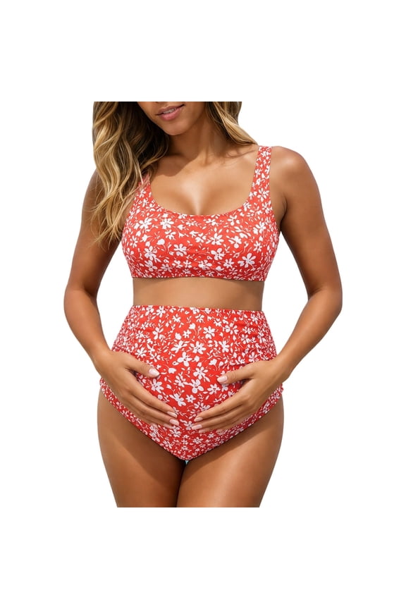 Maternity Two Piece Swimsuit High Waisted Tummy Control Tankini with Shorts Pregnancy Bathing Suit for Pool & Spa