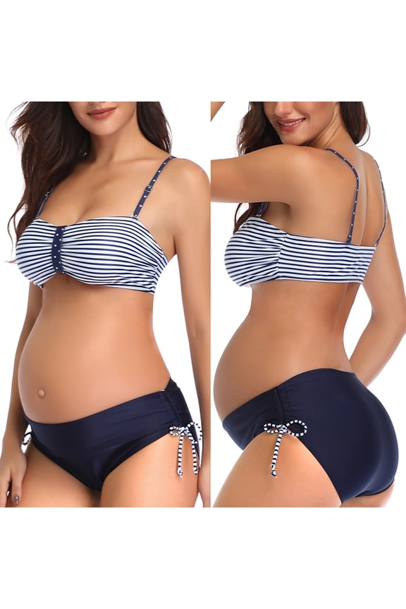 Maternity Two Piece Swimsuit with Button Detail - Striped Pregnancy Bikini Set with Adjustable Side Ties