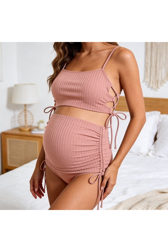 Maternity Two Piece Swimsuit with Side Tie Detail - Ribbed High Waist Pregnancy Bikini Set with Adjustable Straps
