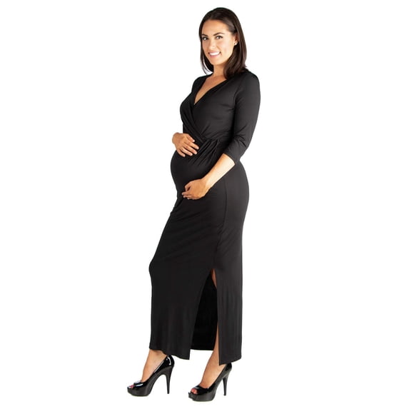 Maternity V Neck Side Slit Faux Wrap Maxi Dress