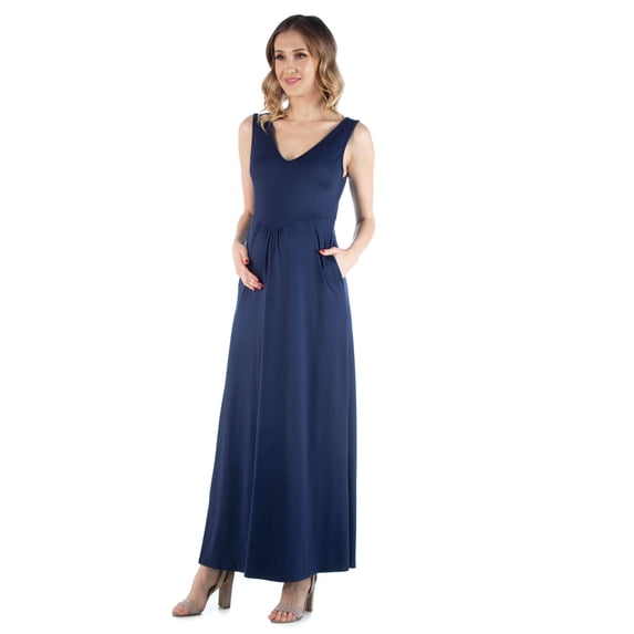 Maternity V Neck Sleeveless Pocket Maxi Dress