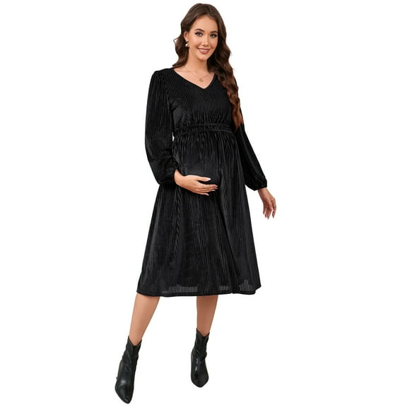 Maternity Velvet Dresses V Neck Long Sleeve High Waisted Solid Midi Dress
