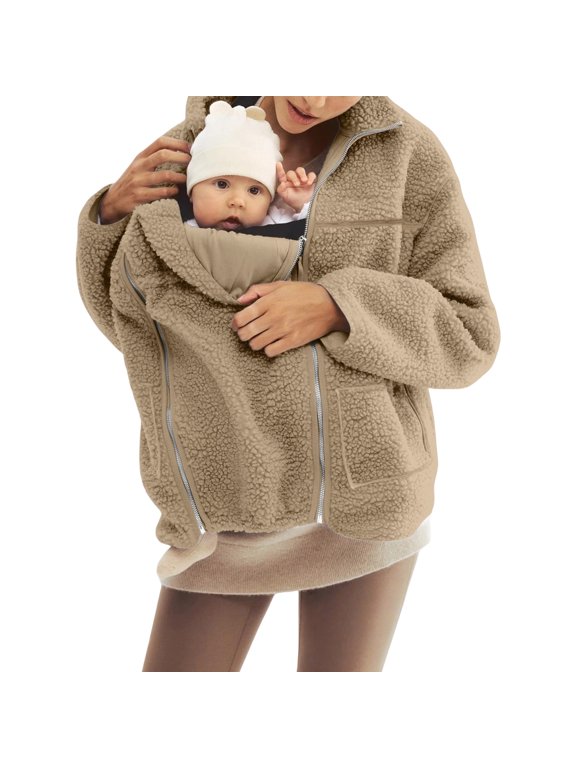 Maternity Winter Clothes Baby Wearing Jacket Maternity Coats for Women Baby Wearing Jacket Women Winter Warm Fleece Maternity Coats Full Zip 3 In 1 Babywearing Jackets Pregnancy Clothes, Beige-L