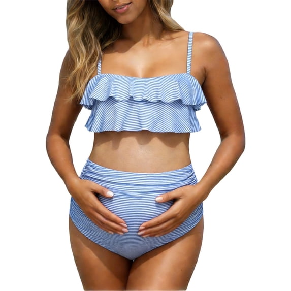 Maternity Women Bikini Set Bathing Suit Graphic Sleeveless Swimsuit High Waist Floral Print Two Piece With Briefs For Beach Pool,Light Blue,SIZE M
