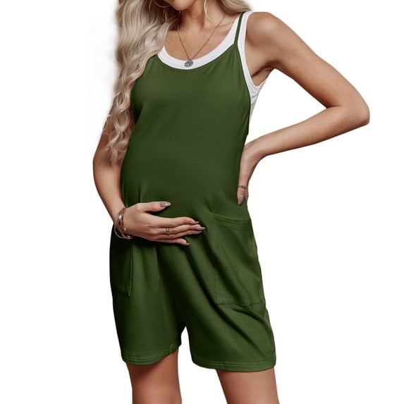Maternity Women Solid Color Sleeveless Overalls Casual Loose Jumpsuit Shorts