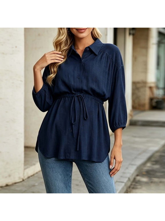 Maternity Women's Collared Button Blouse, 3/4 Sleeve Puff Cuff Shirt, Adjustable Drawstring Waist, Curved Hem, Lightweight Fabric for Pregnancy Daily Outfit, Fall Maternity Clothes Navy S