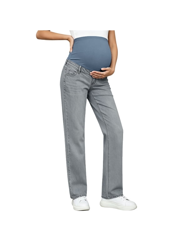 Maternity Women's High Waist Straight Jeans, Elastic Belly Support, Stretch Denim With Pockets, Straight‑Leg Full‑Length Fit for Daily Pregnancy Outfit, Maternity Pants for Women Gray M
