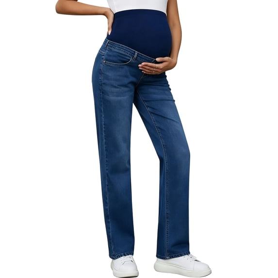 Maternity Women's High Waist Straight Jeans, Elastic Belly Support, Stretch Denim With Pockets, Straight‑Leg Full‑Length Fit for Daily Pregnancy Outfit, Maternity Pants for Women Dark Blue L