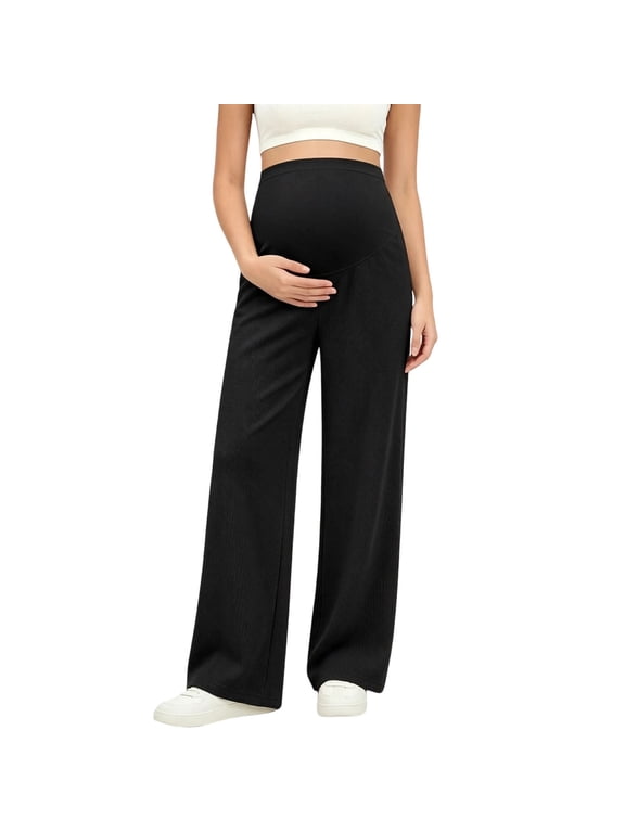 Maternity Women's High Waist Wide Leg Pants, Elastic Belly Support, Soft Ribbed Fabric, Loose Full‑Length Silhouette, Casual Bottoms for Pregnancy, Fall Maternity Clothes Black M