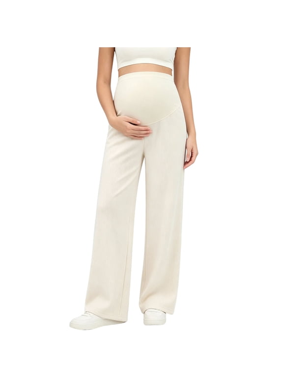 Maternity Women's High Waist Wide Leg Pants, Elastic Belly Support, Soft Ribbed Fabric, Loose Full‑Length Silhouette, Casual Bottoms for Pregnancy, Fall Maternity Clothes Beige XXL